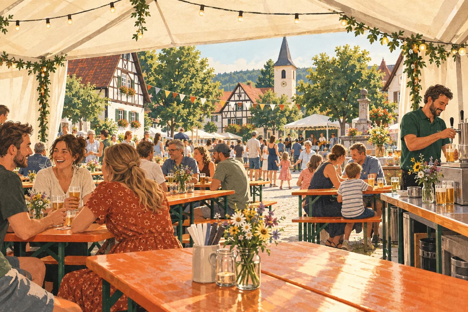 Gemeinsam feiern: Dorffest im hellen Zelt mit Biertischen, Lichterketten und ehrenamtlichem Ausschank.